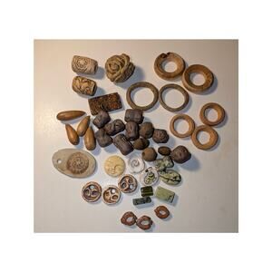 Vintage Lot Craft Beads Stones Wood Nuts Bone Rare Macrame